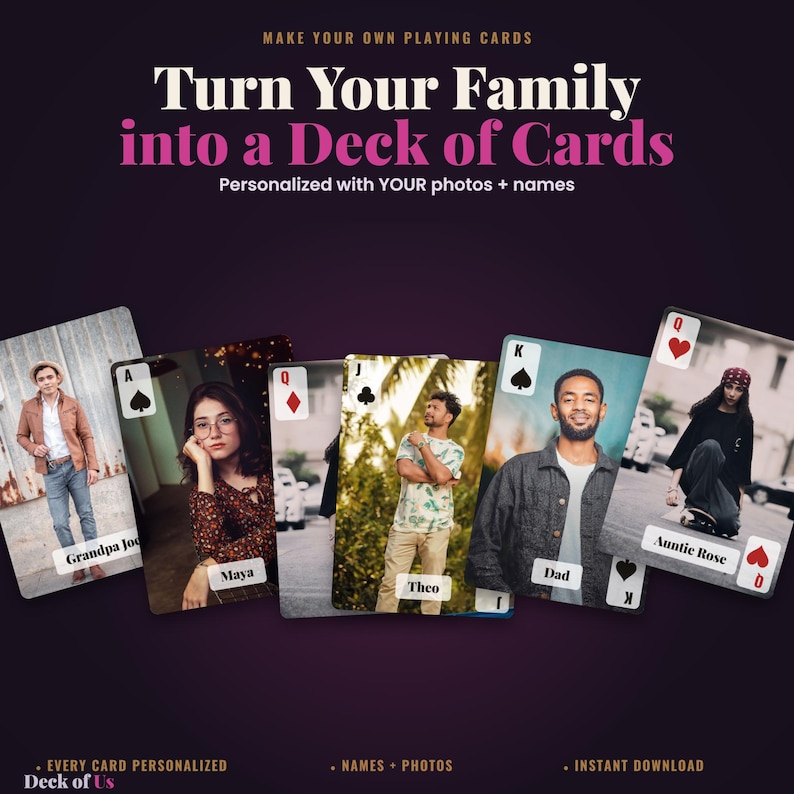 May include: A set of custom playing cards featuring individual family photos and names. The text reads: Make Your Own Playing Cards, Turn Your Family into a Deck of Cards, Personalized with YOUR photos + names, Every Card Personalized, Names + Photos, Instant Download, Deck of Us.