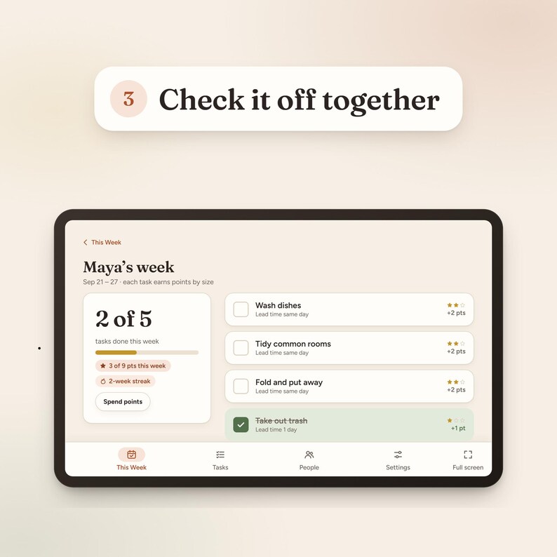May include: A digital tablet screen displays a task management interface titled Maya&rsquo;s week, showing a progress bar, point totals, and a list of chores including wash dishes and take out trash, with the text 3 Check it off together above.