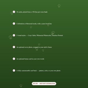 May include: A dark green informational graphic titled What You Get by GOODSTOCKPRESS. It lists six features for a card set: 36 cards from a 150-line pet-voice bank, celebration or memorial modes, three visual styles, optional cover photo, bonus card, and customizable back.
