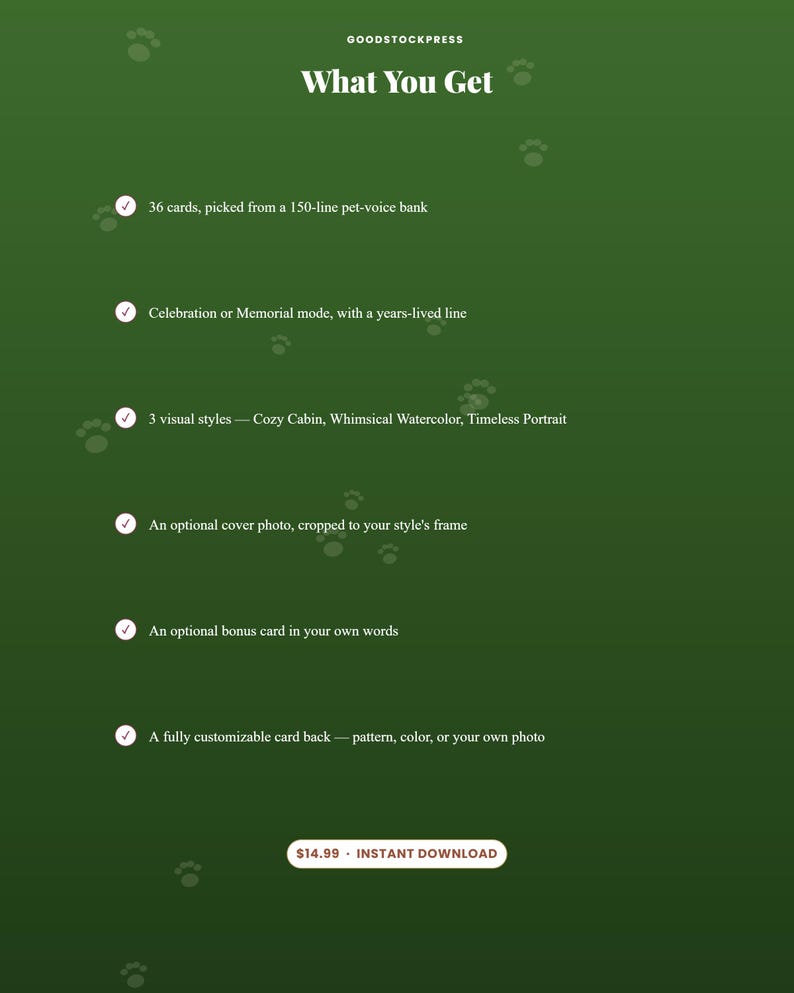 May include: A dark green informational graphic titled What You Get by GOODSTOCKPRESS. It lists six features for a card set: 36 cards from a 150-line pet-voice bank, celebration or memorial modes, three visual styles, optional cover photo, bonus card, and customizable back.