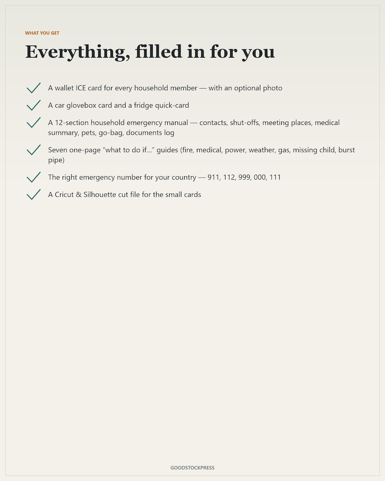 May include: A document titled Everything, filled in for you, listing contents: wallet ICE cards, car glovebox and fridge cards, a 12-section household emergency manual, seven what to do if guides, emergency numbers 911, 112, 999, 000, 111, and a Cricut & Silhouette cut file.