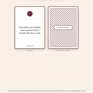 May include: A set of two rectangular cards with dark red borders. The left card features a dark red circle, a horizontal line, and the text: Your jokes are terrible, and somehow that's exactly why they work. FOR DAD. The right card has a red grid pattern.