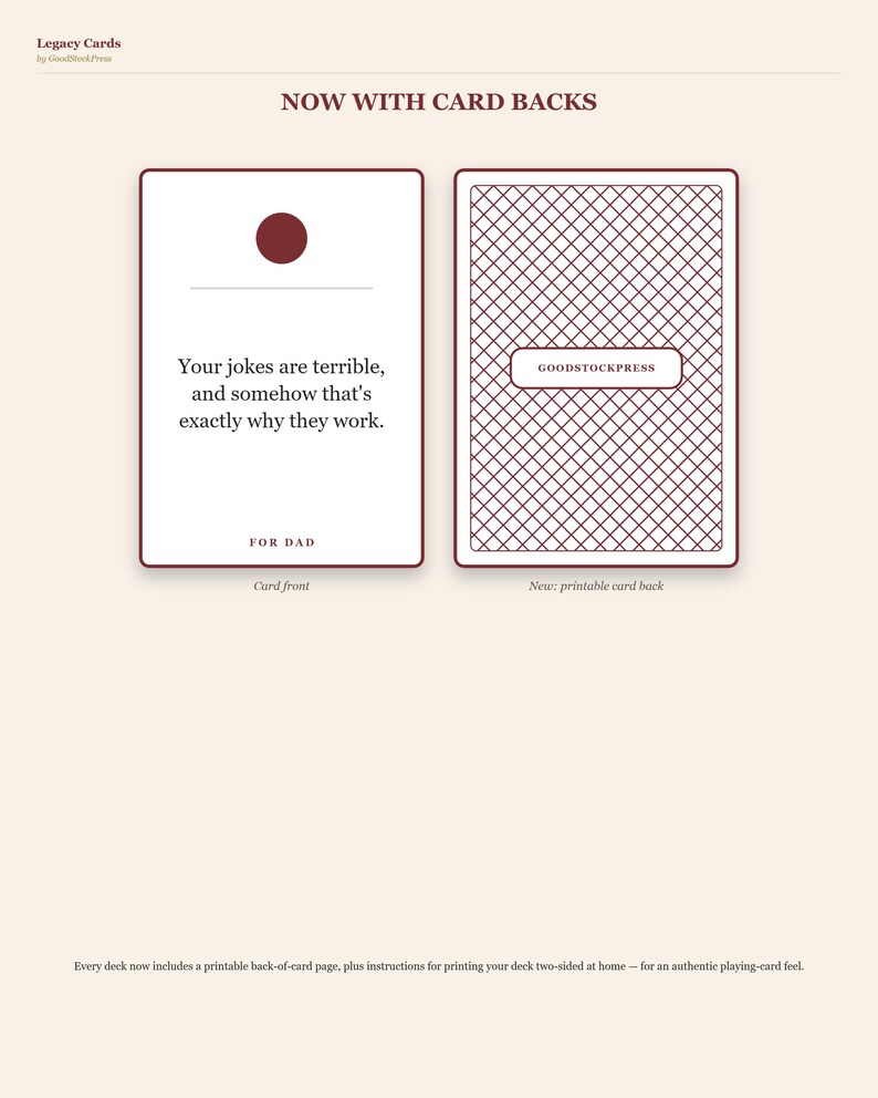May include: A set of two rectangular cards with dark red borders. The left card features a dark red circle, a horizontal line, and the text: Your jokes are terrible, and somehow that's exactly why they work. FOR DAD. The right card has a red grid pattern.