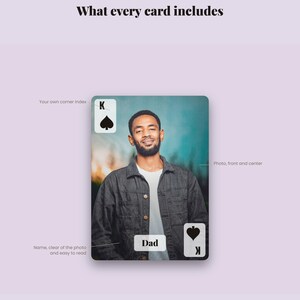 May include: A custom playing card featuring a portrait of a person in a dark jacket and white shirt. The card includes the text 'SAMPLE CARD', 'What every card includes', 'Your own corner index', 'Photo, front and center', 'Name, clear of the photo and easy to read', 'Dad', and 'Leave a card blank and it stays a normal playing card.'