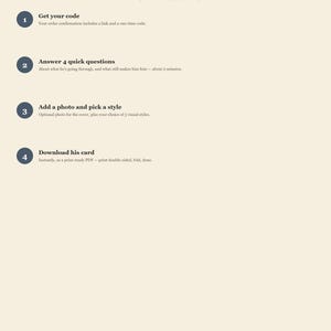 May include: A cream-colored informational card titled Dad Support Card by GoodBlackPress. The text HOW IT WORKS is centered above four numbered steps: 1. Get your code, 2. Answer 4 quick questions, 3. Add a photo and pick a style, 4. Download his card.