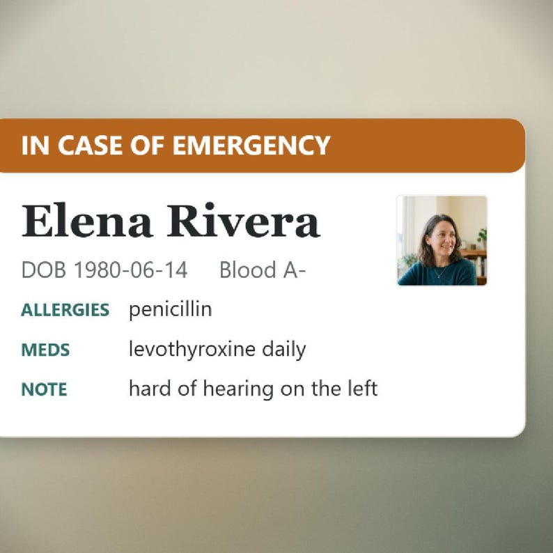 May include: An emergency medical information card featuring the text IN CASE OF EMERGENCY, the name Elena Rivera, DOB 1980-06-14, Blood A-, allergies to penicillin, daily levothyroxine medication, and a note regarding being hard of hearing on the left.