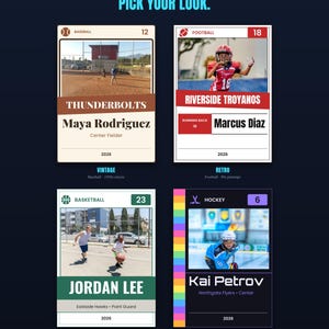 Op de afbeelding: Vier sport-verzamelkaart-sjablonen met het label GOODSTOCKPRESS 4 STYLES. PICK YOUR LOOK. De kaarten bevatten honkbal-, football-, basketbal- en hockeyontwerpen met de namen Maya Rodriguez, Marcus Diaz, Jordan Lee en Kai Petrov, plus 2026.