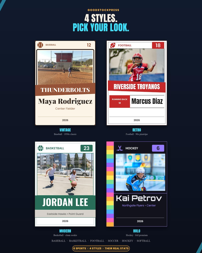 Op de afbeelding: Vier sport-verzamelkaart-sjablonen met het label GOODSTOCKPRESS 4 STYLES. PICK YOUR LOOK. De kaarten bevatten honkbal-, football-, basketbal- en hockeyontwerpen met de namen Maya Rodriguez, Marcus Diaz, Jordan Lee en Kai Petrov, plus 2026.