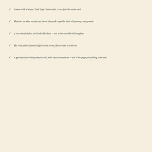 Puede incluir: Un documento informativo de color claro titulado Father's Day Card por GoodStockPress. El texto Why This Card Is Different va seguido de cinco puntos que detallan caracter&iacute;sticas como una tarjeta adicional Dad Type, estilos visuales, marcos para fotos e impresi&oacute;n a doble cara.