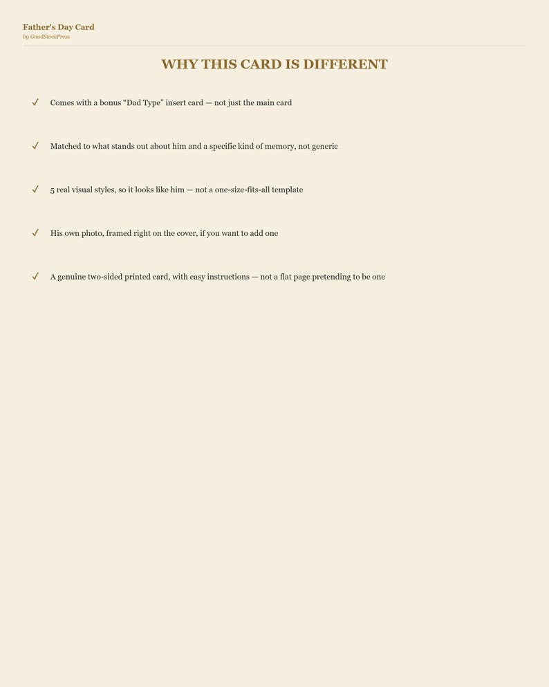 Puede incluir: Un documento informativo de color claro titulado Father's Day Card por GoodStockPress. El texto Why This Card Is Different va seguido de cinco puntos que detallan caracter&iacute;sticas como una tarjeta adicional Dad Type, estilos visuales, marcos para fotos e impresi&oacute;n a doble cara.