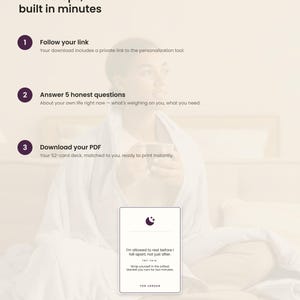 K&ouml;nnte beinhalten: Eine Anleitungsgrafik mit dem Titel How it works: Three steps, built in minutes. Sie beschreibt drei Schritte: Follow your link, Answer 5 honest questions und Download your PDF. Eine Karte zeigt den Text: I'm allowed to rest before I fall apart.