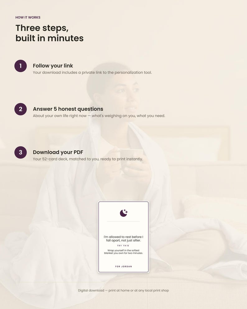 K&ouml;nnte beinhalten: Eine Anleitungsgrafik mit dem Titel How it works: Three steps, built in minutes. Sie beschreibt drei Schritte: Follow your link, Answer 5 honest questions und Download your PDF. Eine Karte zeigt den Text: I'm allowed to rest before I fall apart.