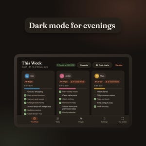 May include: A digital task management interface in dark mode displaying a weekly schedule for three individuals named Alex, Jordan, and Maya. The screen shows task lists with checkboxes, progress bars, point totals, and streak counts, with the text Dark mode for evenings at the top.