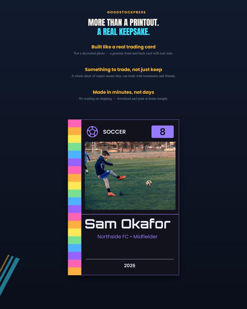Op de afbeelding: Een digitaal verzamelkaart-sjabloon met een voetballer in actie op een groen veld. De kaart bevat de tekst "SOCCER", het getal "8", de naam "Sam Okafor", "Northside FC", "Midfielder" en "2026", met een regenboogkleurige rand aan de zijkant.
