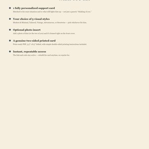 May include: A cream-colored informational document titled Dad Support Card by GoodBlackPress. The text lists features including a personalized support card, five visual styles, an optional photo insert, a 5.5 inch by 8.5 inch printed card, and instant access.