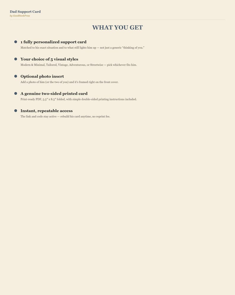 May include: A cream-colored informational document titled Dad Support Card by GoodBlackPress. The text lists features including a personalized support card, five visual styles, an optional photo insert, a 5.5 inch by 8.5 inch printed card, and instant access.