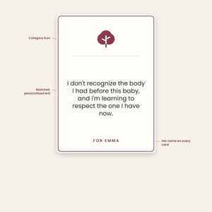 May include: A rectangular card with a dark red border and a tree icon at the top. The text reads: I don't recognize the body I had before this baby, and I'm learning to respect the one I have now. FOR EMMA. The card measures 2.5 by 3.5 inches.
