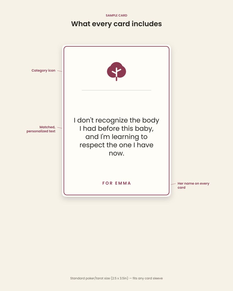 May include: A rectangular card with a dark red border and a tree icon at the top. The text reads: I don't recognize the body I had before this baby, and I'm learning to respect the one I have now. FOR EMMA. The card measures 2.5 by 3.5 inches.