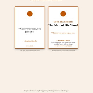 May include: Two rectangular white cards with orange borders and a circular orange icon at the top. The left card features the quote "Whatever you are, be a good one." by Abraham Lincoln and the text "FOR HIM". The right card displays "YOUR TRUENORTH", "The Man of His Word", the same quote, and "BY GOODSTOCKPRESS".