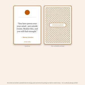 May include: Two rectangular cards with orange borders. The left card features a brown circle, a horizontal line, and the text: You have power over your mind - not outside events. Realise this, and you will find strength. - Marcus Aurelius FOR HIM. The right card has a brown cross-hatch pattern and the text GOODSTOCKPRESS.