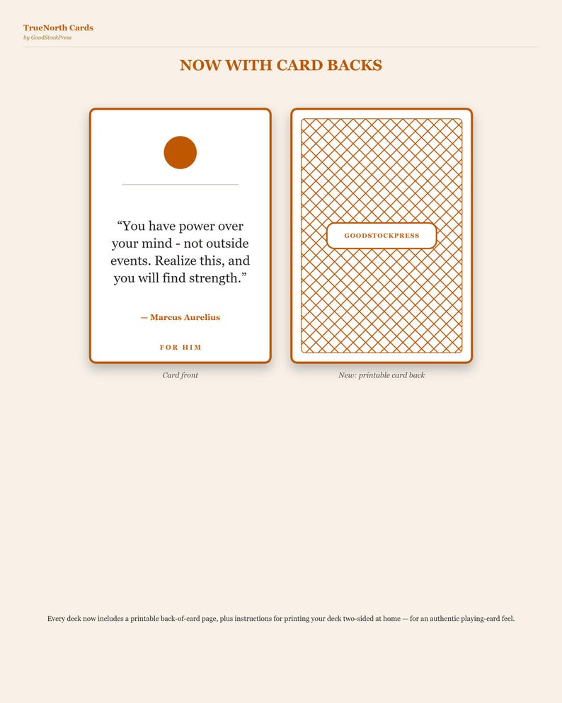 May include: Two rectangular cards with orange borders. The left card features a brown circle, a horizontal line, and the text: You have power over your mind - not outside events. Realise this, and you will find strength. - Marcus Aurelius FOR HIM. The right card has a brown cross-hatch pattern and the text GOODSTOCKPRESS.