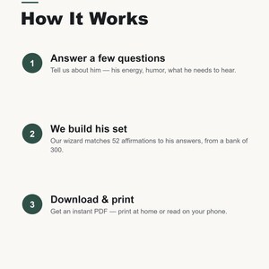 May include: An informational graphic titled Personalized in 3 Steps How It Works. Step 1: Answer a few questions about energy, humour, and needs. Step 2: We build his set with 52 affirmations from a bank of 300. Step 3: Download and print an instant PDF.