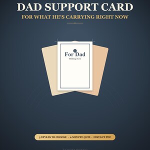 May include: A digital download graphic featuring the text DAD SUPPORT CARD FOR WHAT HE'S CARRYING RIGHT NOW. A central white card displays the text For Dad Thinking of you. Below, a gold bar reads 5 STYLES TO CHOOSE 2-MINUTE QUIZ INSTANT PDF.