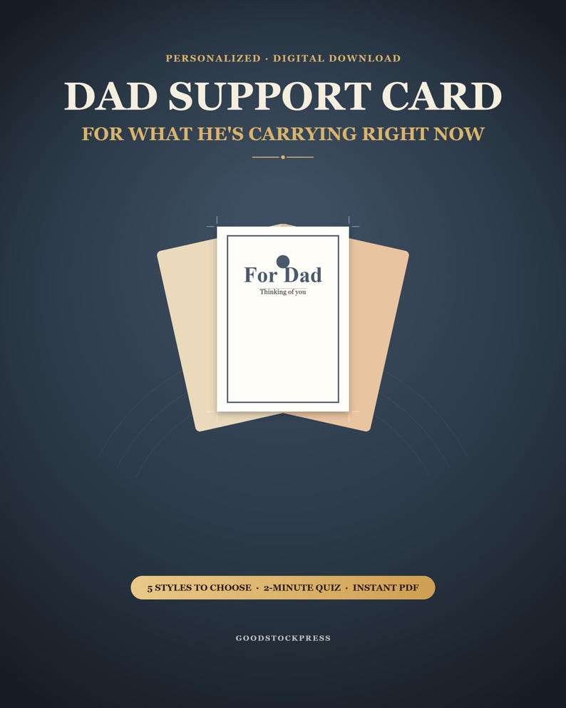 May include: A digital download graphic featuring the text DAD SUPPORT CARD FOR WHAT HE'S CARRYING RIGHT NOW. A central white card displays the text For Dad Thinking of you. Below, a gold bar reads 5 STYLES TO CHOOSE 2-MINUTE QUIZ INSTANT PDF.