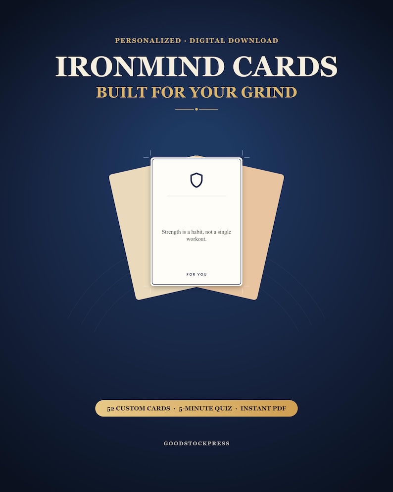 May include: A digital download product titled IRONMIND CARDS BUILT FOR YOUR GRIND. The graphic features a white card with a shield icon and the text: Strength is a habit, not a single workout. FOR YOU. Includes 52 CUSTOM CARDS, 5-MINUTE QUIZ, INSTANT PDF.