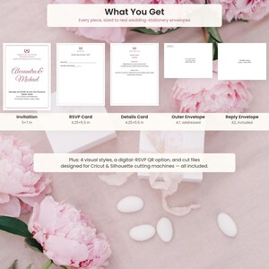 May include: A wedding stationery set including a 5x7 inch invitation, a 4.25x5.5 inch RSVP card, a 4.25x5.5 inch details card, an A7 outer envelope, and an A2 reply envelope. The set includes digital-RSVP QR options and cut files for machines.