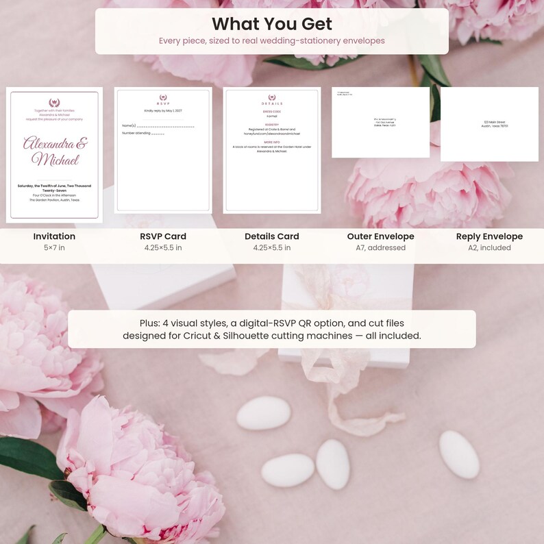 May include: A wedding stationery set including a 5x7 inch invitation, a 4.25x5.5 inch RSVP card, a 4.25x5.5 inch details card, an A7 outer envelope, and an A2 reply envelope. The set includes digital-RSVP QR options and cut files for machines.