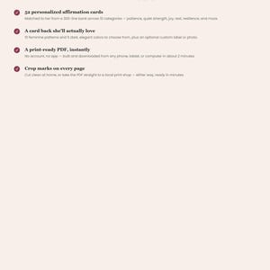 May include: A digital product information sheet titled Mom Affirmation Cards by GoodStockPress. It lists features including 52 personalised affirmation cards, customisable card backs, a print-ready PDF format, and crop marks on every page.