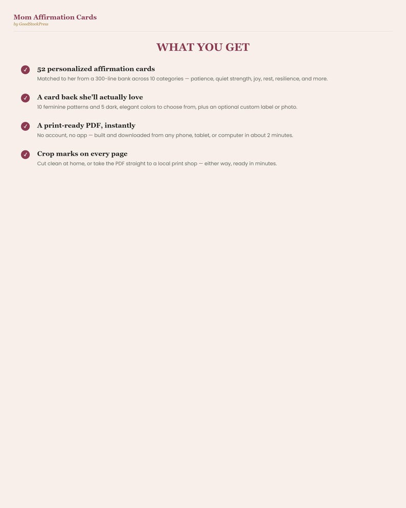 May include: A digital product information sheet titled Mom Affirmation Cards by GoodStockPress. It lists features including 52 personalised affirmation cards, customisable card backs, a print-ready PDF format, and crop marks on every page.
