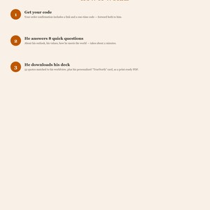May include: An informational document titled TrueNorth Cards by GoodStorkPress with the heading HOW IT WORKS. It lists three steps: 1. Get your code, 2. He answers 8 quick questions, and 3. He downloads his deck, each with brief explanatory text.