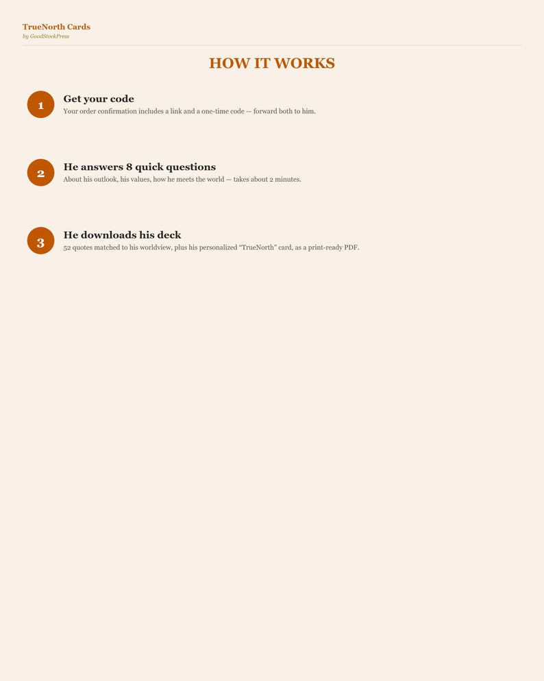 May include: An informational document titled TrueNorth Cards by GoodStorkPress with the heading HOW IT WORKS. It lists three steps: 1. Get your code, 2. He answers 8 quick questions, and 3. He downloads his deck, each with brief explanatory text.