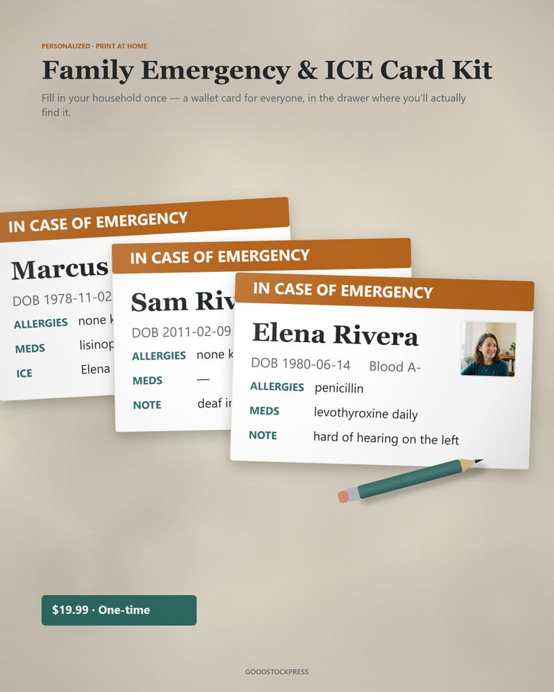 May include: A Family Emergency & ICE Card Kit featuring three white rectangular cards with brown headers labeled IN CASE OF EMERGENCY. Each card displays personal details like name, date of birth, allergies, medications, and notes, with a pencil.