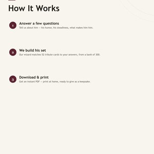 May include: An informational graphic titled How It Works with the subtitle Personalized in 3 Steps. It lists three steps: 1. Answer a few questions, 2. We build his set, and 3. Download & print, with descriptive text for each. GoodStockPress is at the bottom.