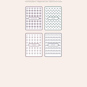 May include: Four rectangular cards with dark outlines on a light background. The cards feature repeating patterns of flowers, wavy lines, hearts, and arches. Each card contains a central rectangular box with text reading GOODSTOCKPRESS, FOR MOM, THE SMITHS, and WITH LOVE.