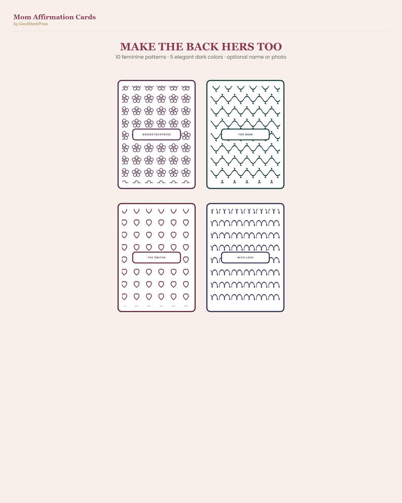 May include: Four rectangular cards with dark outlines on a light background. The cards feature repeating patterns of flowers, wavy lines, hearts, and arches. Each card contains a central rectangular box with text reading GOODSTOCKPRESS, FOR MOM, THE SMITHS, and WITH LOVE.
