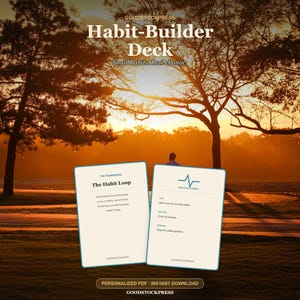 K&ouml;nnte beinhalten: Zwei rechteckige Karten aus dem Habit-Builder Deck von GOODSTOCKPRESS. Die linke Karte zeigt das The Habit Loop Framework. Die rechte Karte zeigt ein Health & Fitness Beispiel mit einem Pulssymbol. Text: Small habits. Real change.