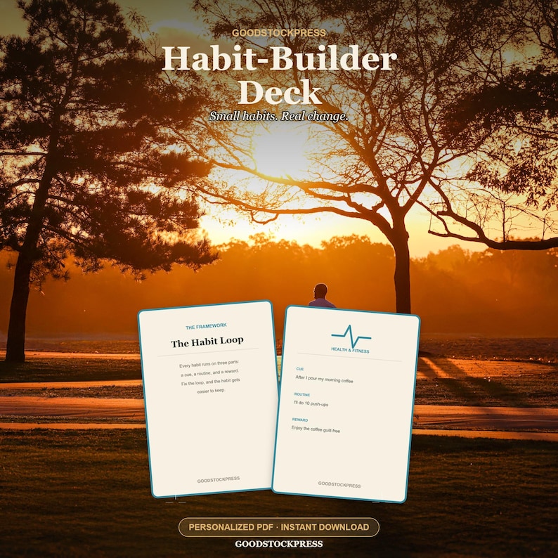 K&ouml;nnte beinhalten: Zwei rechteckige Karten aus dem Habit-Builder Deck von GOODSTOCKPRESS. Die linke Karte zeigt das The Habit Loop Framework. Die rechte Karte zeigt ein Health & Fitness Beispiel mit einem Pulssymbol. Text: Small habits. Real change.