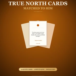 May include: A set of True North Cards featuring a digital download design on a brown background. The central card displays the text: You have power over your mind - not outside events. Realize this, and you will find strength. - Marcus Aurelius.