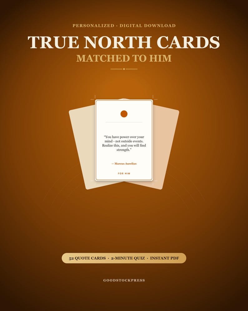 May include: A set of True North Cards featuring a digital download design on a brown background. The central card displays the text: You have power over your mind - not outside events. Realize this, and you will find strength. - Marcus Aurelius.