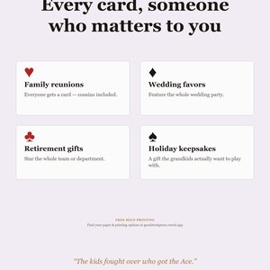 May include: A white informational graphic with black text reading: PERFECT FOR Every card, someone who matters to you. Four boxes feature card suit icons: a red heart for Family reunions, a black diamond for Wedding favors, a red club for Retirement gifts, and a black spade for Holiday keepsakes. Bottom text includes a URL and the quote: The kids fought over who got the Ace.