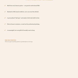 May include: A light-coloured informational document titled WHY DADS LOVE THESE, listing five bullet points about card features. It includes TrueNorth Cards branding at the top and a link for printing help at the bottom, all in dark brown text.