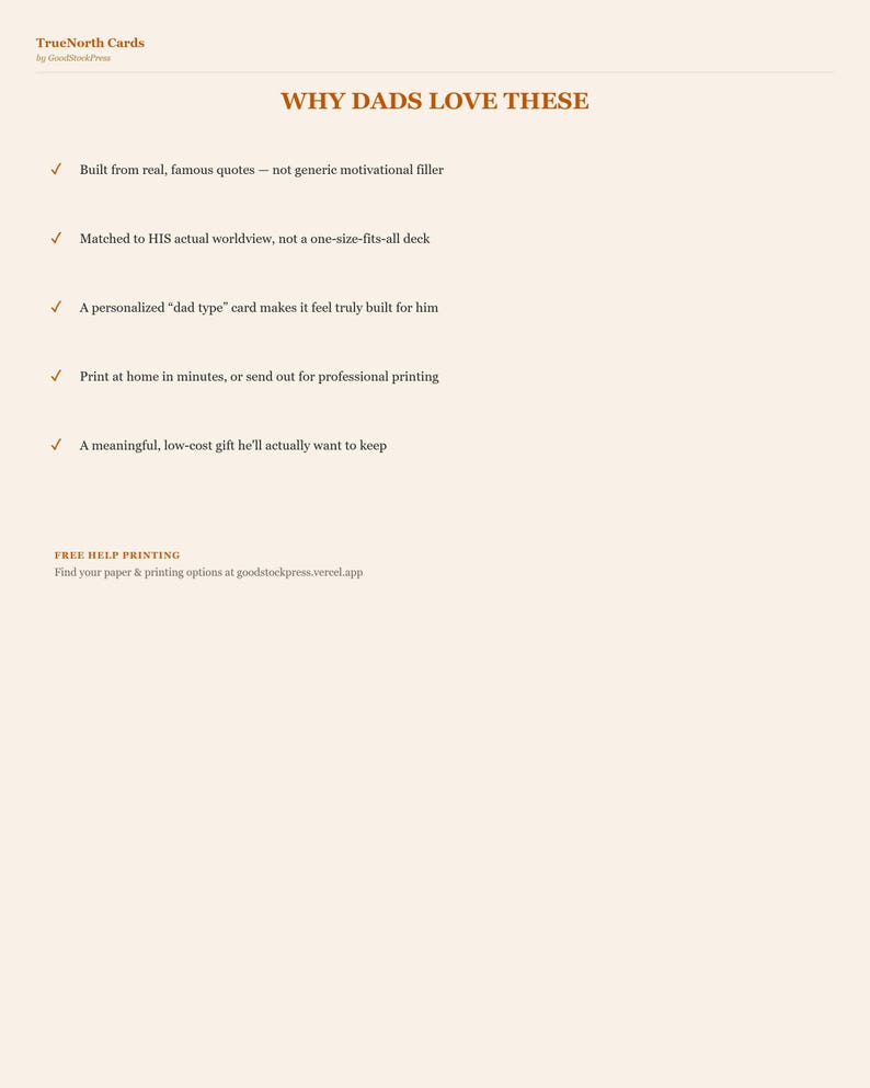 May include: A light-coloured informational document titled WHY DADS LOVE THESE, listing five bullet points about card features. It includes TrueNorth Cards branding at the top and a link for printing help at the bottom, all in dark brown text.