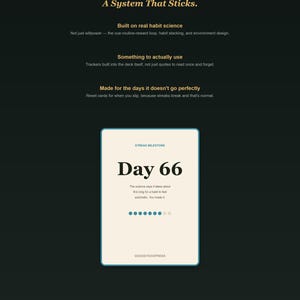 K&ouml;nnte beinhalten: Eine rechteckige Karte mit cremefarbenem Hintergrund und dunklem Text, der "STREAK MILESTONE Day 66" und "The science says it takes about this long for a habit to feel automatic. You made it." lautet. Acht kleine Kreise sind unter dem Text abgebildet.