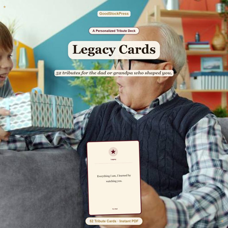 May include: A deck of Legacy Cards featuring 52 tributes for a dad or grandpa. The card shown displays a star icon and the text: Everything I am, I learned by watching you. The product is presented as a personalized tribute deck in PDF format.