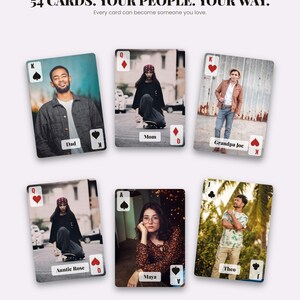 May include: A set of six custom playing cards featuring individual photographs of people. Each card displays a suit, rank, and a name label such as Dad, Mom, Grandpa Joe, Auntie Rose, Maya, and Theo. The text 54 CARDS. YOUR PEOPLE. YOUR WAY. appears.