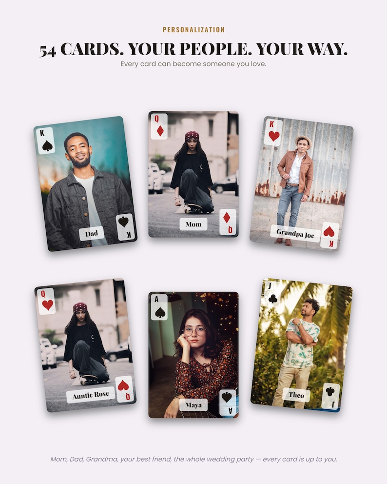 May include: A set of six custom playing cards featuring individual photographs of people. Each card displays a suit, rank, and a name label such as Dad, Mom, Grandpa Joe, Auntie Rose, Maya, and Theo. The text 54 CARDS. YOUR PEOPLE. YOUR WAY. appears.